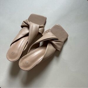 Square Toe Minimalist Mules Beige Knot Strap Block Heel